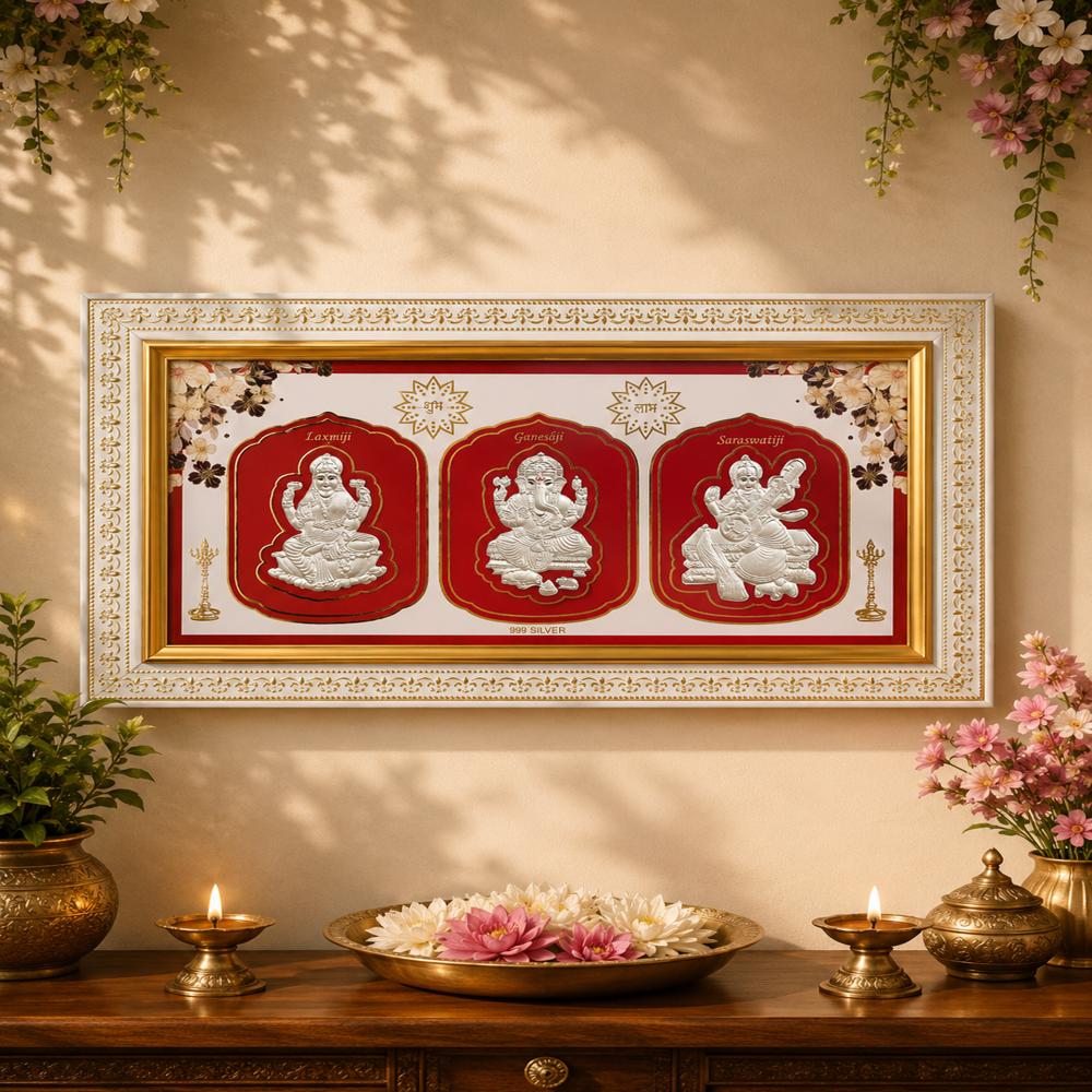Pure Silver Laxmi Ganesh Sarswati Frame - 999 Silver, 50x30 cm, Gold-Plated Floral Border | Embossed Idols, Velvet Backing, Protective Glass