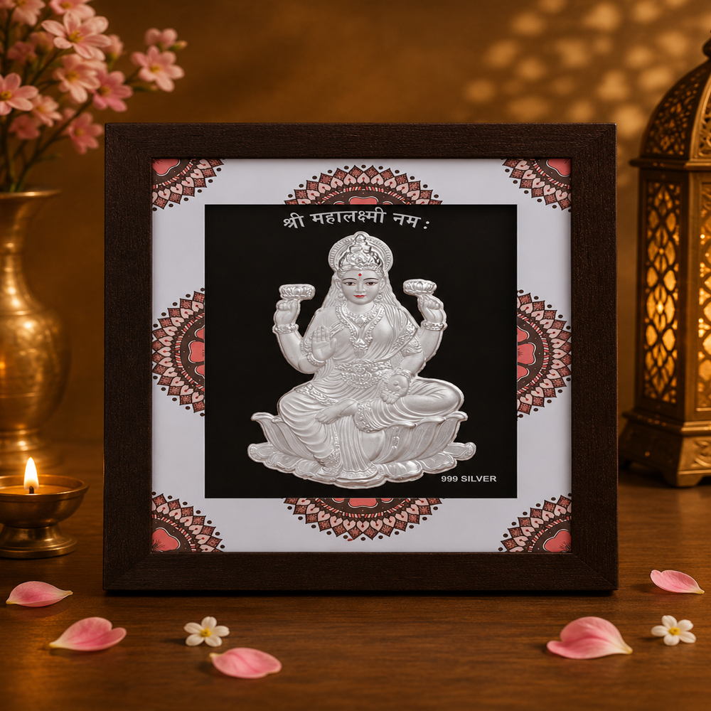 Pure Silver Laxmi Ji Frame - 999 Silver, 8x6 Inches, Wooden Frame with Glass | Embossed Deity Silhouette, Mandala Floral Border, Enamel Painted Details