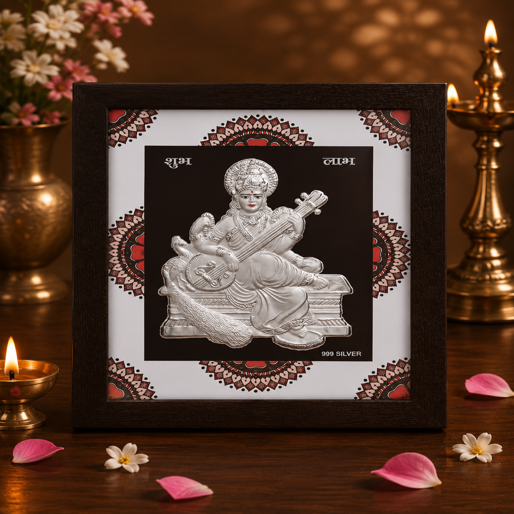 Pure Silver Saraswatimaa Frame - 999 Silver & Polished Wood, 22x18 cm, Hand-Embossed Mandala Border