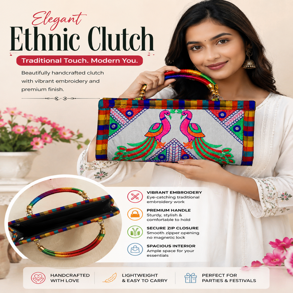 Multicolor Peacock Embroidered Handbag for Women