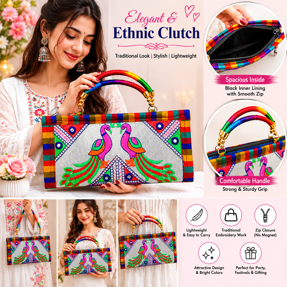 Multicolor Peacock Embroidered Handbag for Women