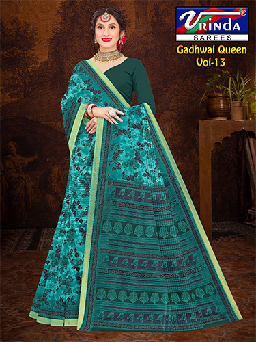 Gadhwal Cotton Saree - Color: Orange With Multicolor Print