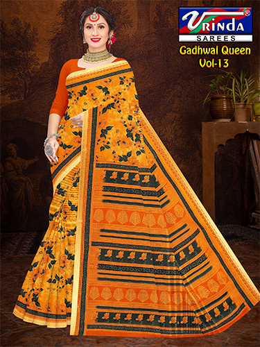 Gadhwal Cotton Saree - Color: Orange With Multicolor Print