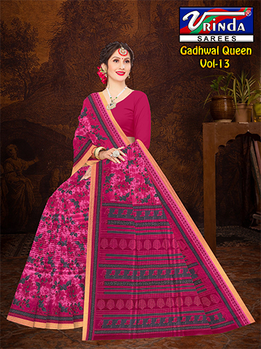 Gadhwal Cotton Saree - Color: Orange With Multicolor Print