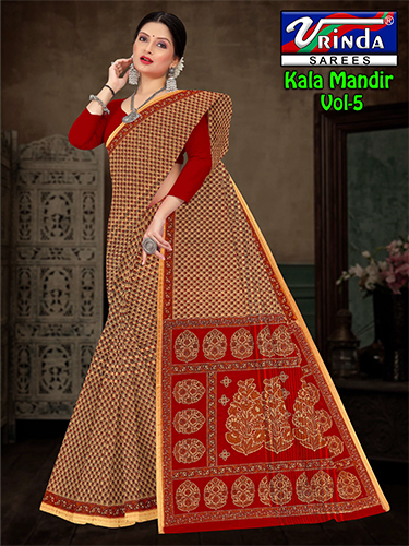 Kala Mandir Saree - Color: Red And Mustard Yellow With Golden Zari