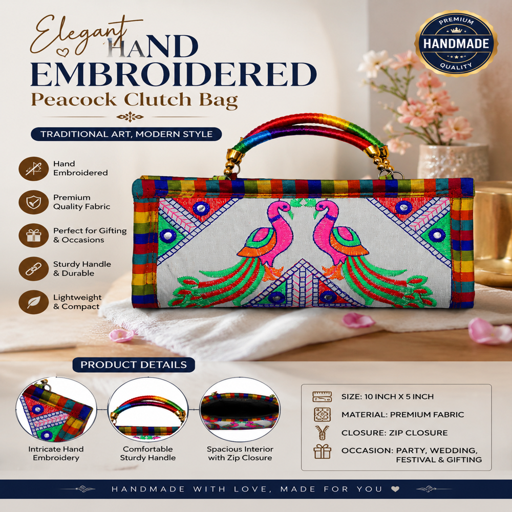 Handmade Embroidered Ladies Hand Purse With Handle - Color: White