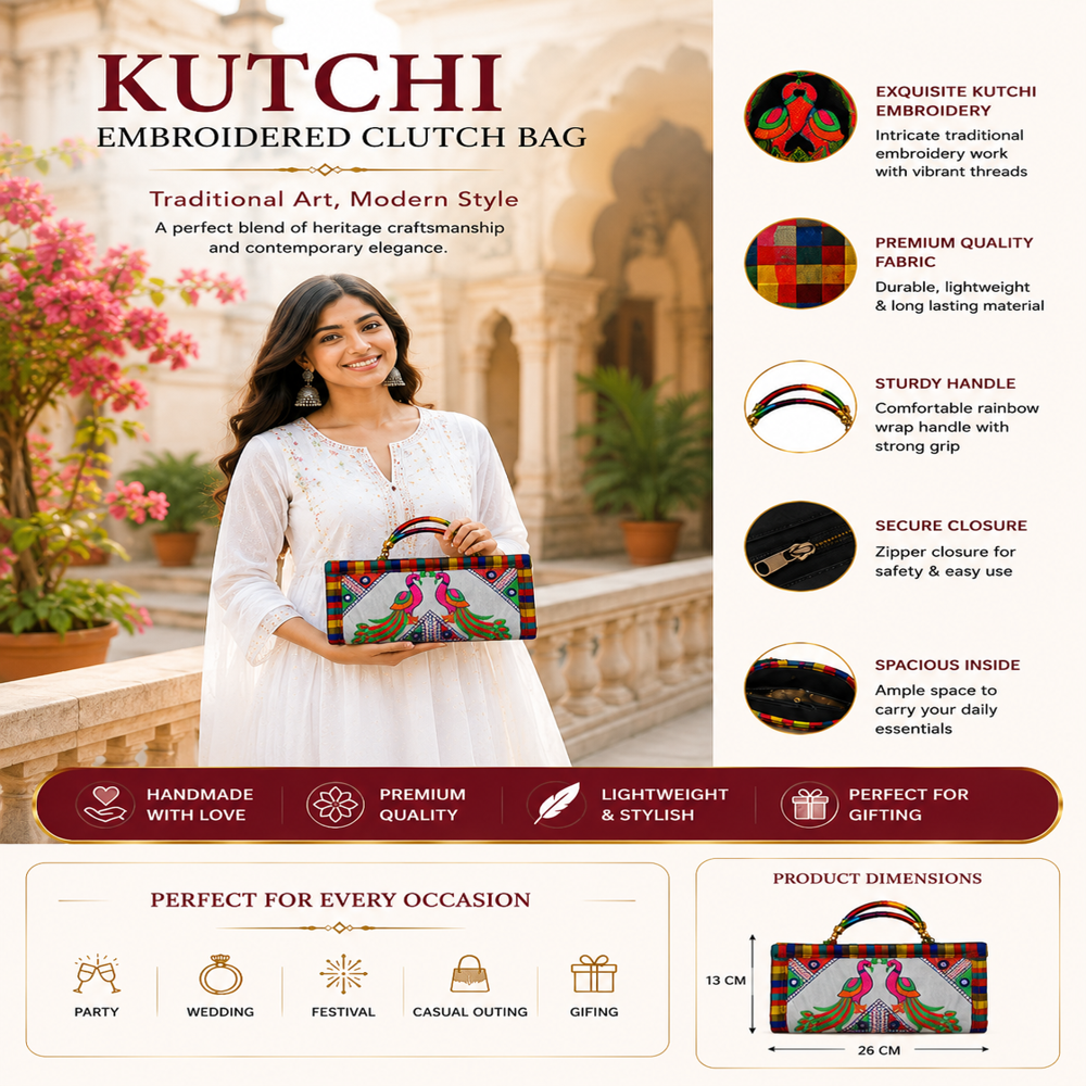 Gujarati Handcrafted Peacock Embroidery Clutch Bag - Color: White