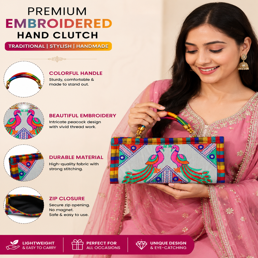 Ethnic Wedding Clutch Bag for Women with Peacock Design
