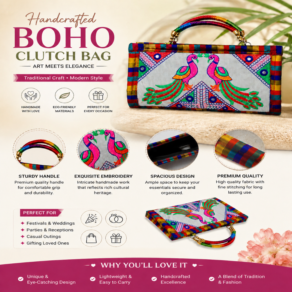 Traditional Multicolor Embroidered Clutch Wallet - Color: White