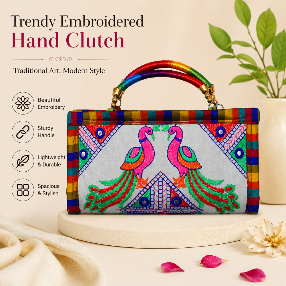 Peacock Art Embroidery Handbag For Festive Occasions - Color: White