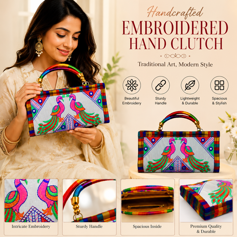 Designer Ethnic Fabric Clutch Purse For Women - Color: White