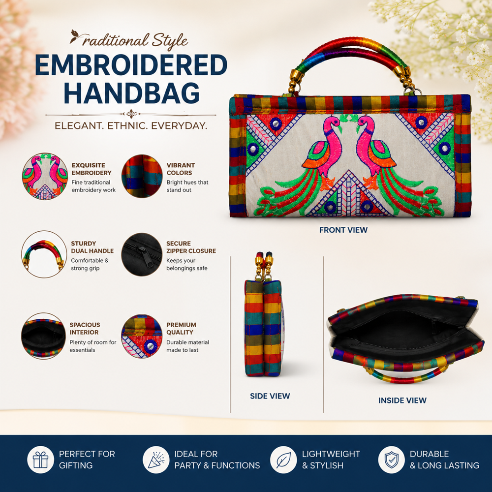 Traditional Indian Embroidered Clutch Bag With Handle 17 - Color: White