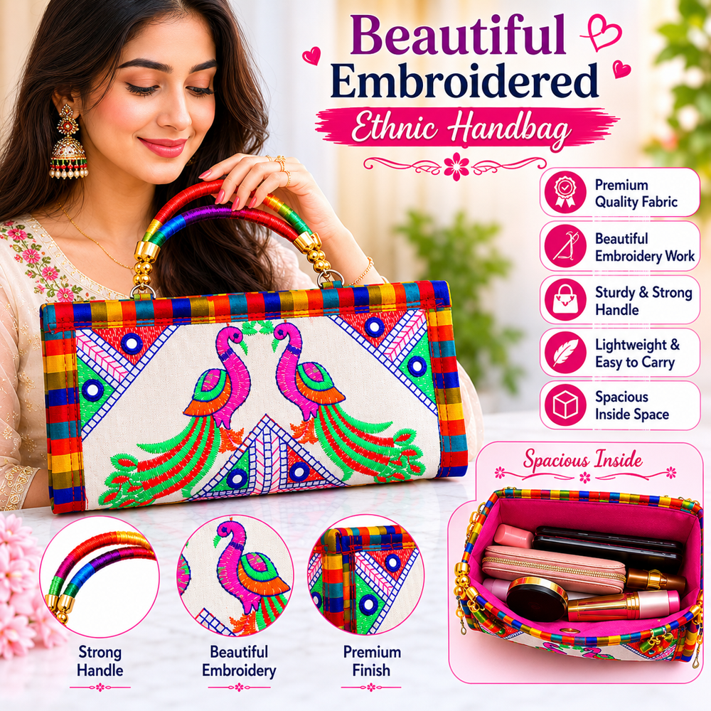 Peacock Pattern Ethnic Handbag For Women - Color: White