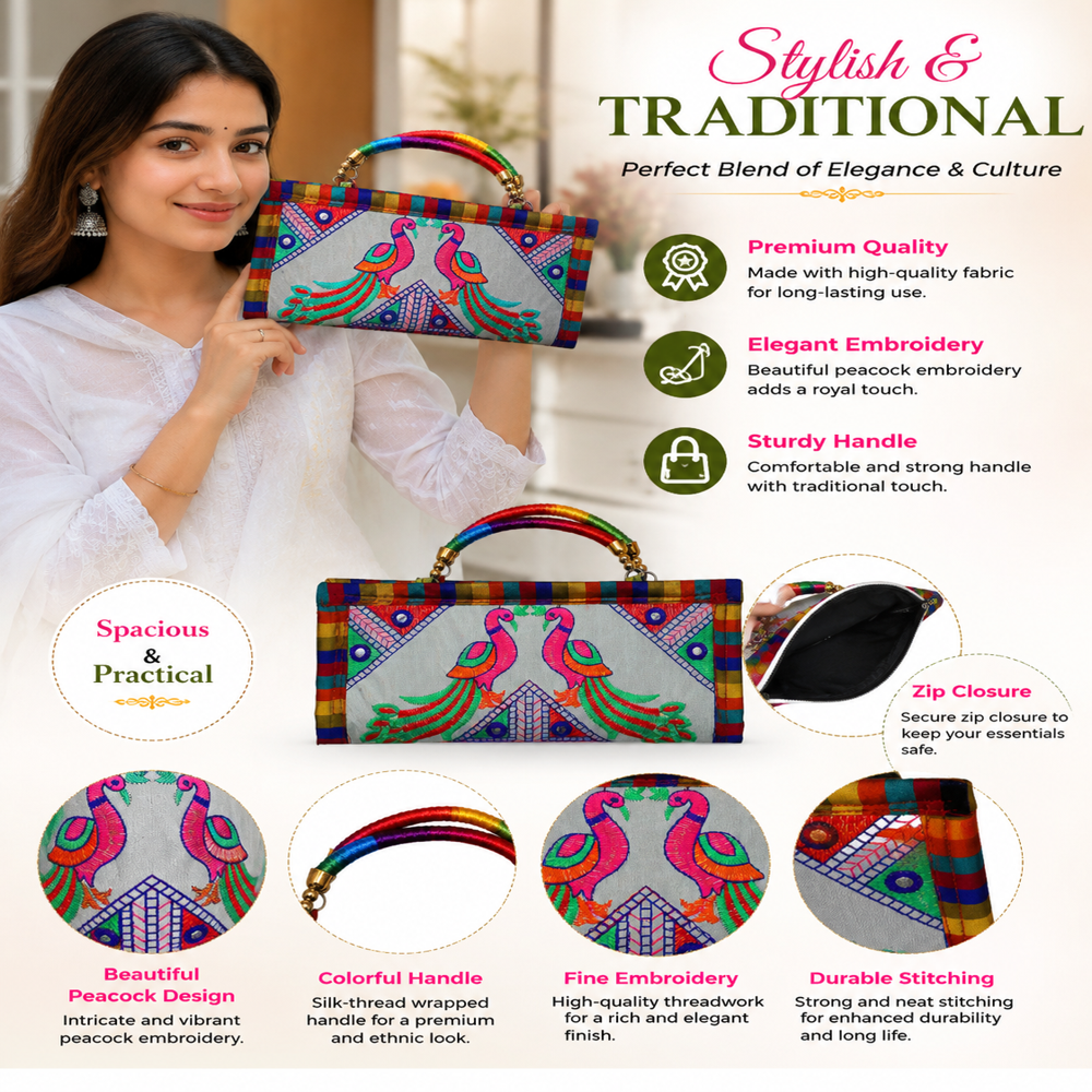 Peacock Pattern Ethnic Handbag for Women