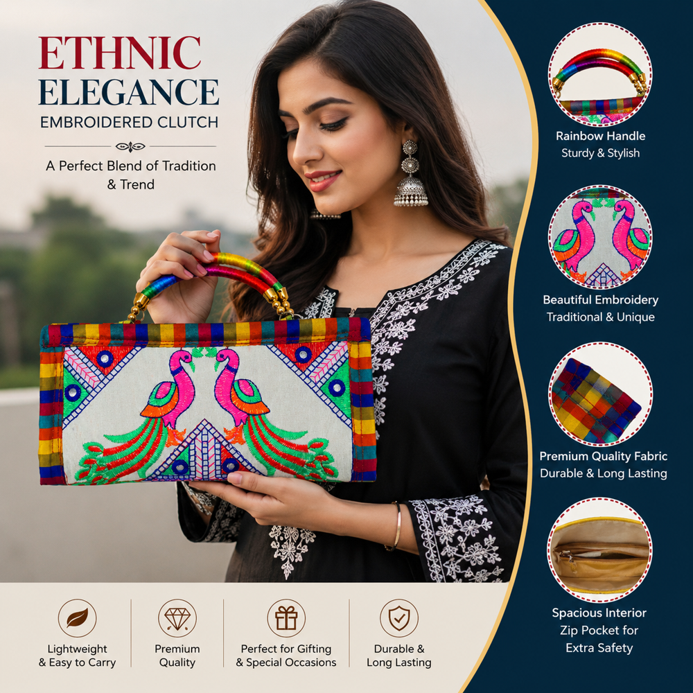 Handmade Traditional Gujarati Clutch Purse - Color: White