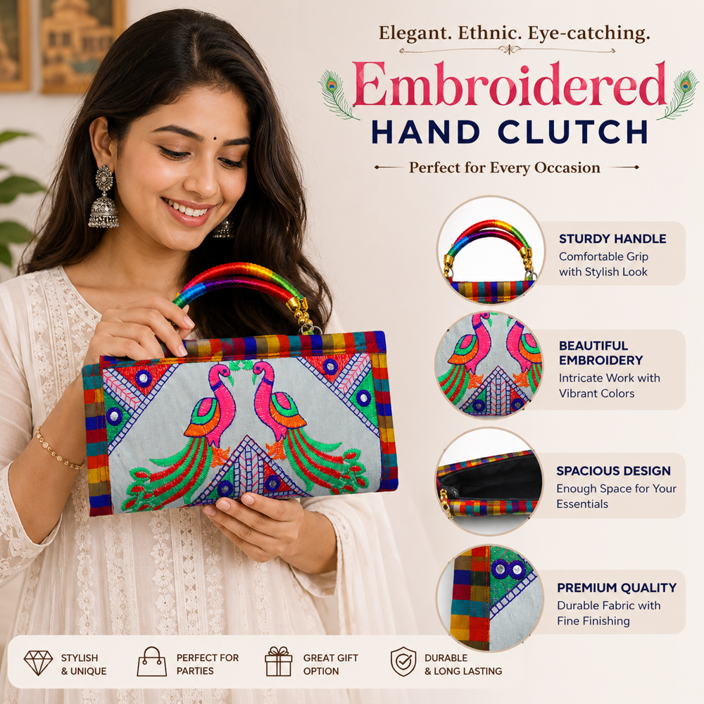 Multicolor Ethnic Purse For Women With Handle - Color: White