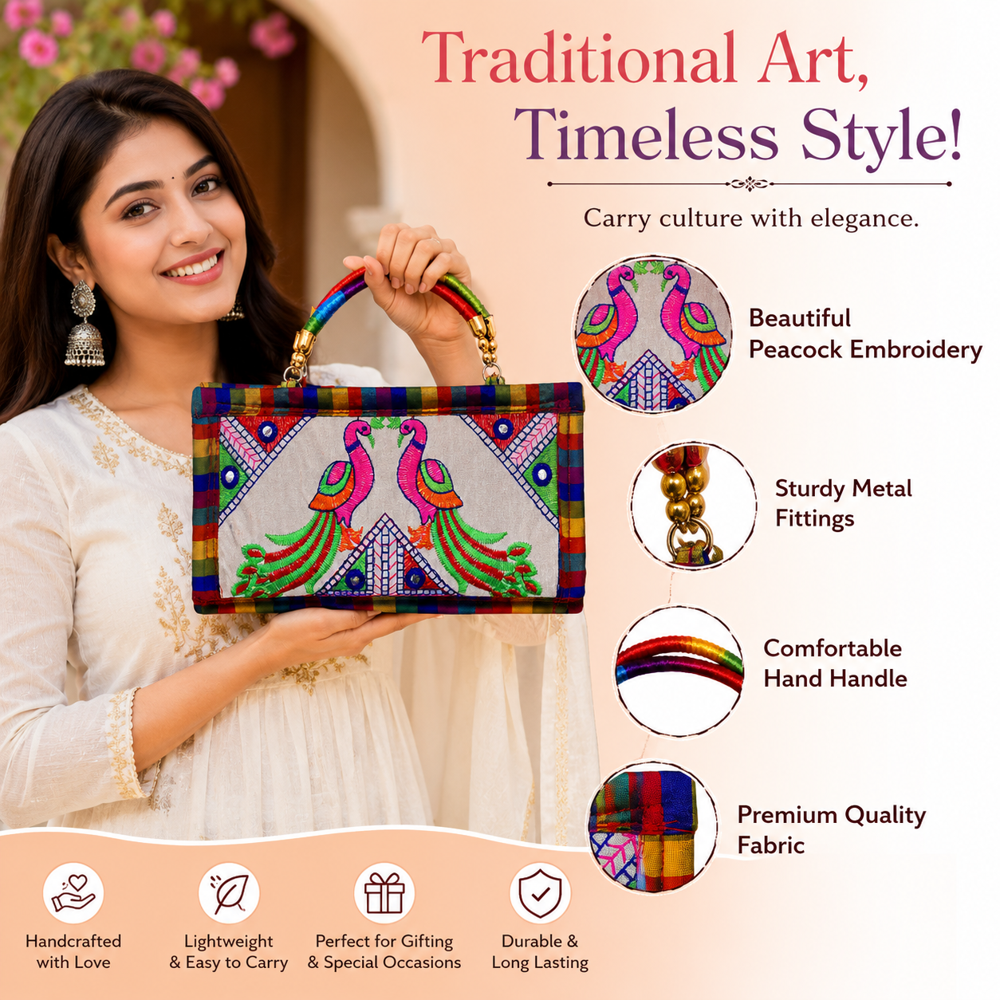 Elegant Embroidered Fabric Clutch Bag For Women - Color: White