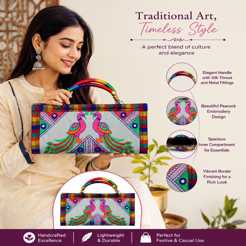 Traditional Ethnic Peacock Hand Purse - Color: White