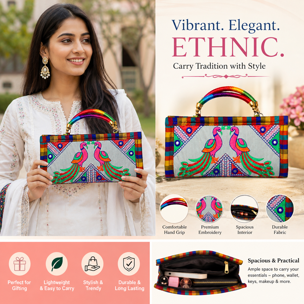 Kutchi Embroidery Ladies Purse With Traditional Design - Color: White