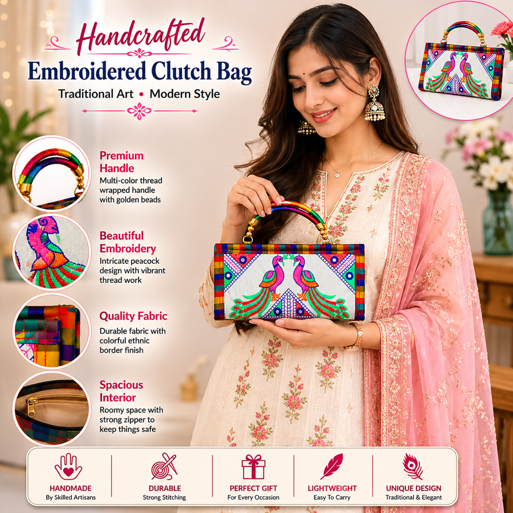 Peacock Motif Ethnic Clutch Bag For Women - Color: White