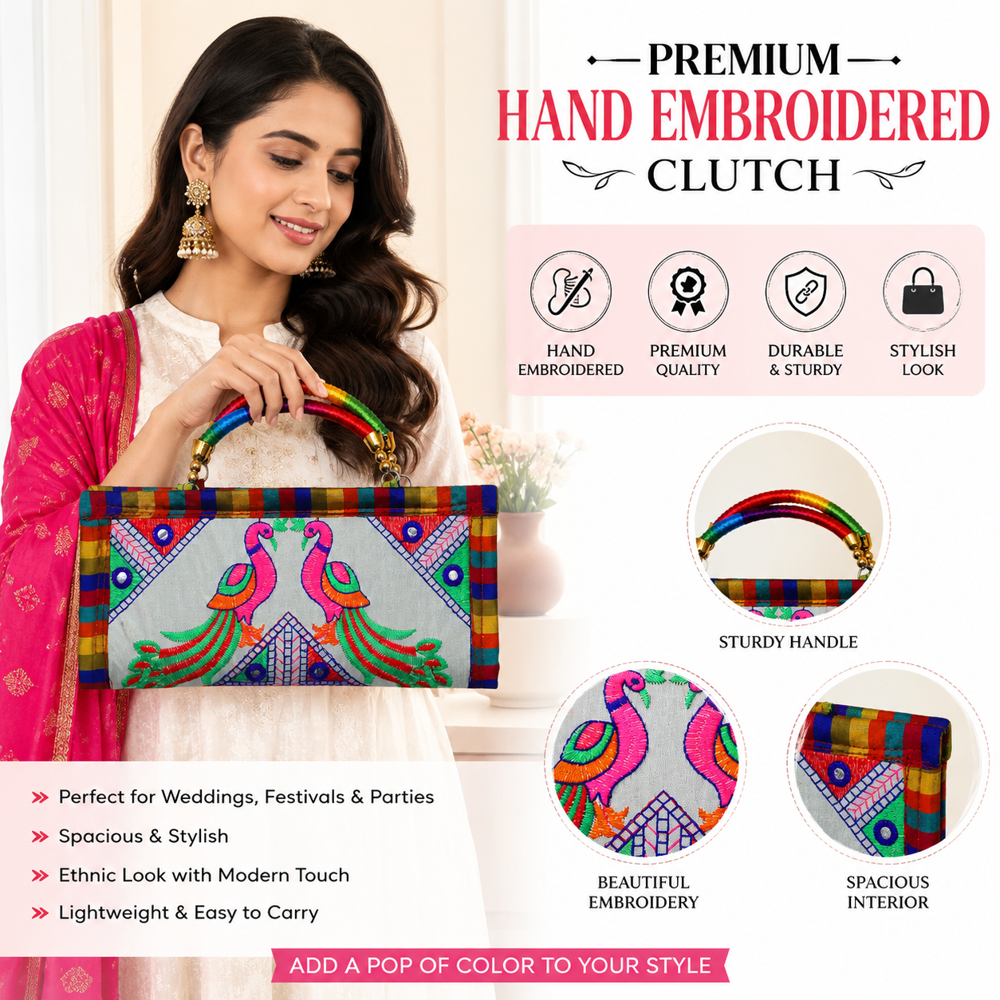 Peacock Embroidery Fashion Clutch For Girls - Color: White