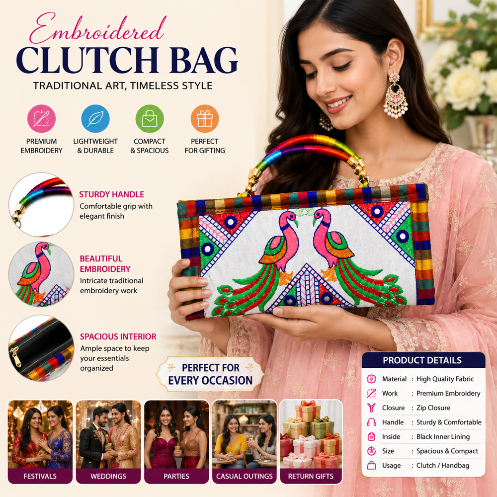 Premium Ethnic Fabric Clutch For Ladies - Color: White