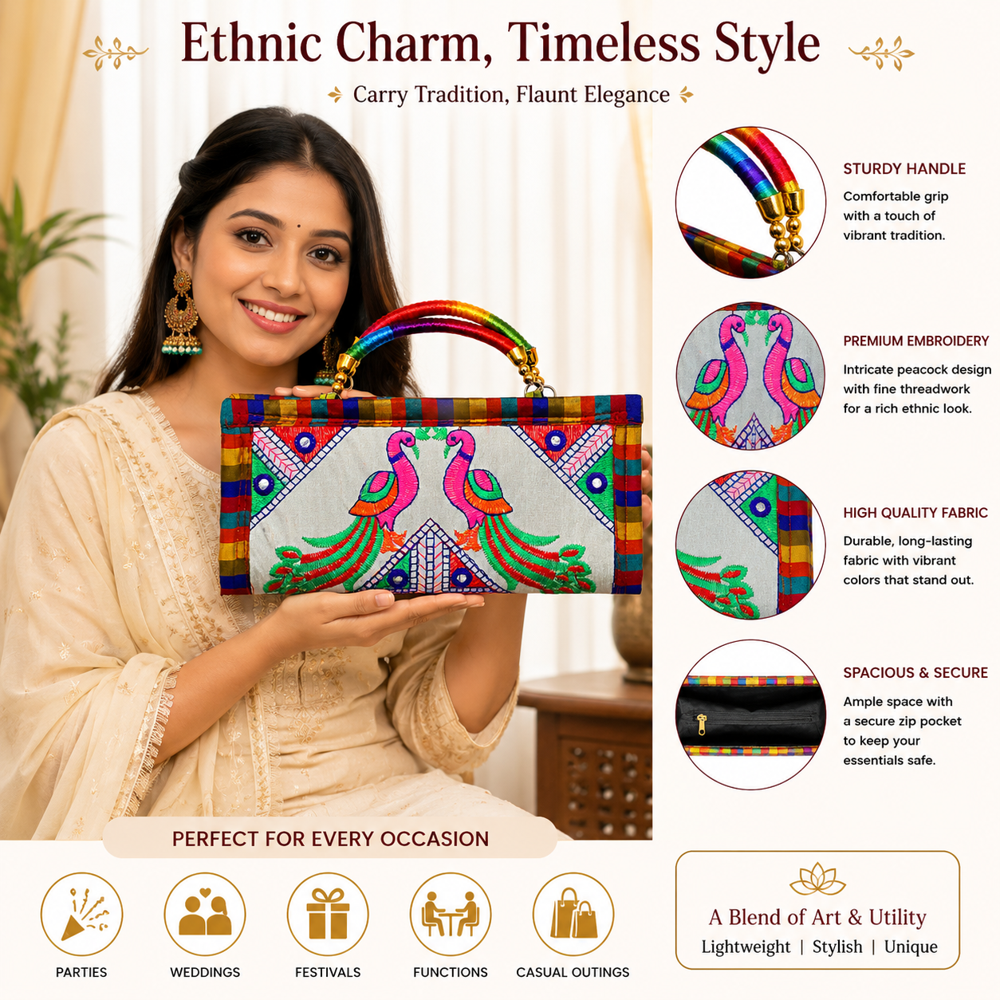 Designer Peacock Embroidery Wallet Clutch - Color: White