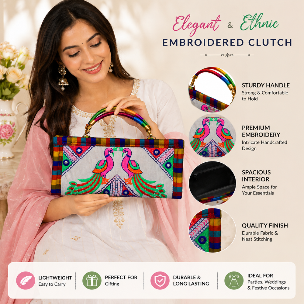 Colorful Embroidered Clutch Bag For Party Wear - Color: White