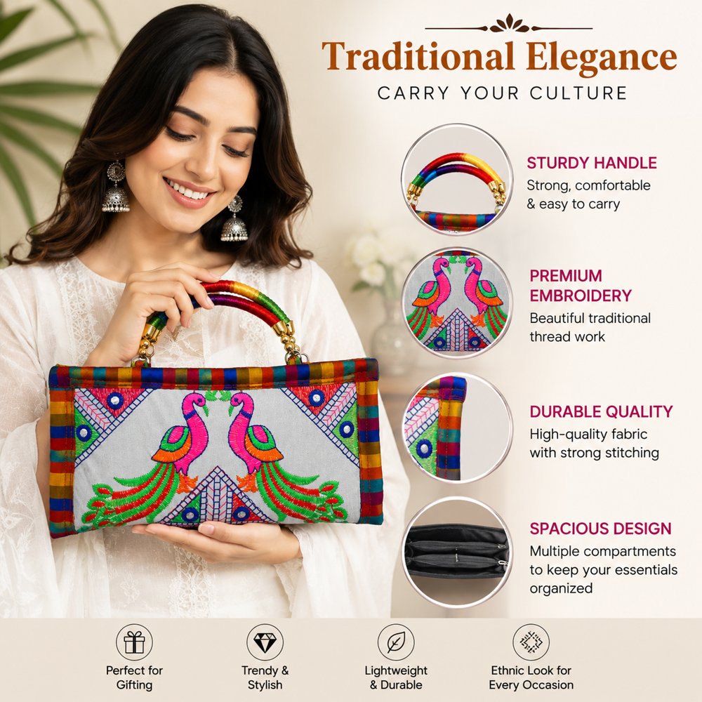 Peacock Embroidery Ethnic Clutch Bag - Color: White