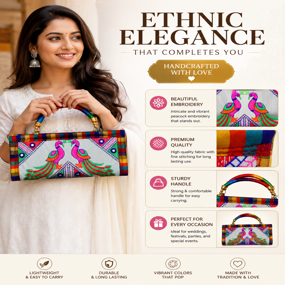 Traditional Peacock Embroidery Clutch Purse For Women - Color: White
