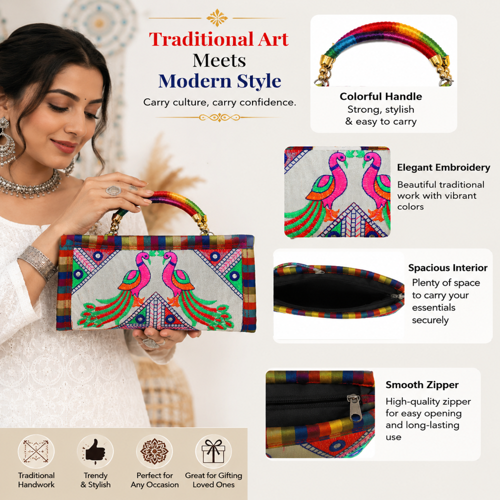 Traditional Peacock Embroidery Clutch Purse for Women