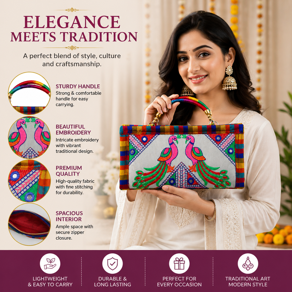 Handmade Kutchi Work Designer Clutch Bag For Ladies - Color: White