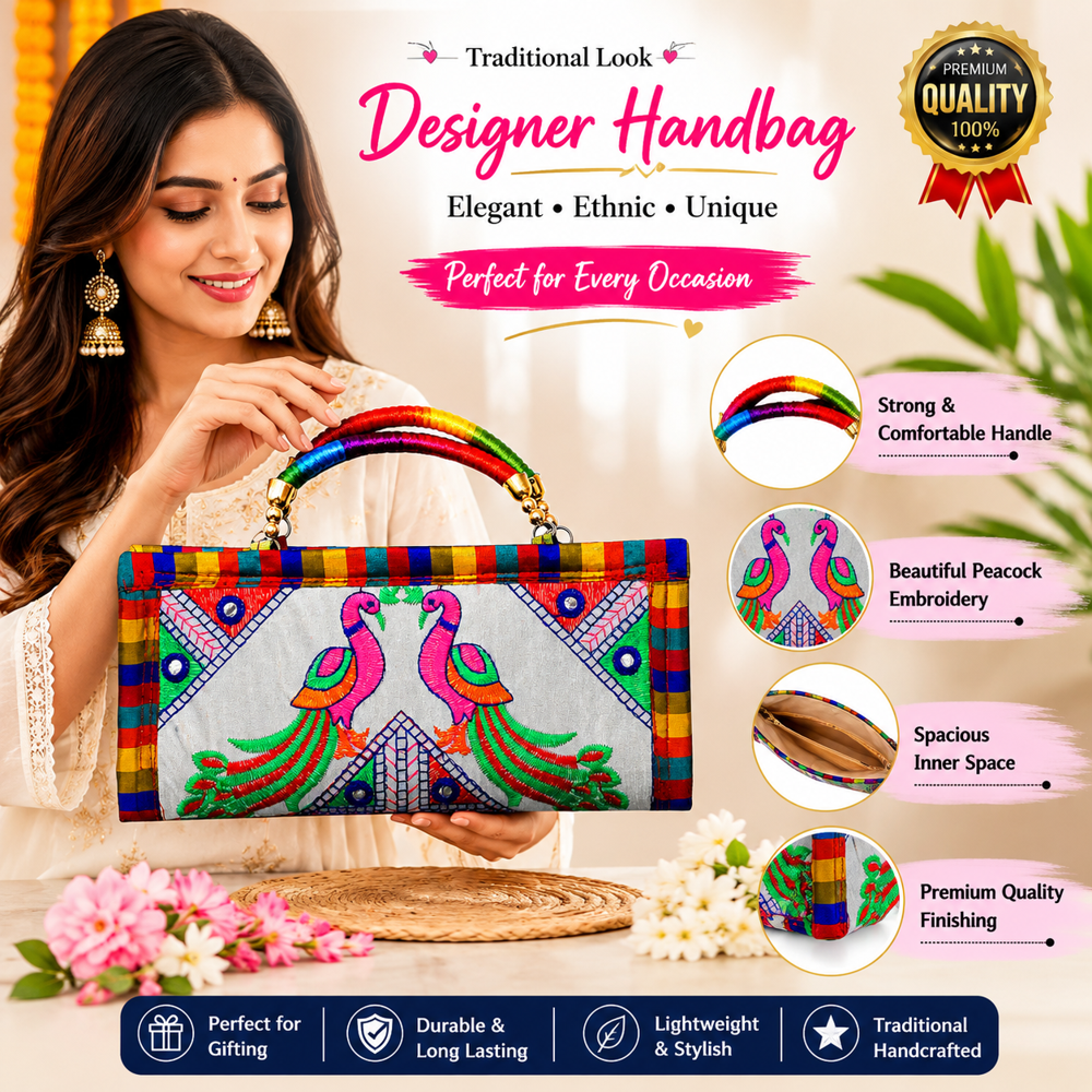 Gujarati Embroidery Ladies Purse For Festival Wear - Color: White