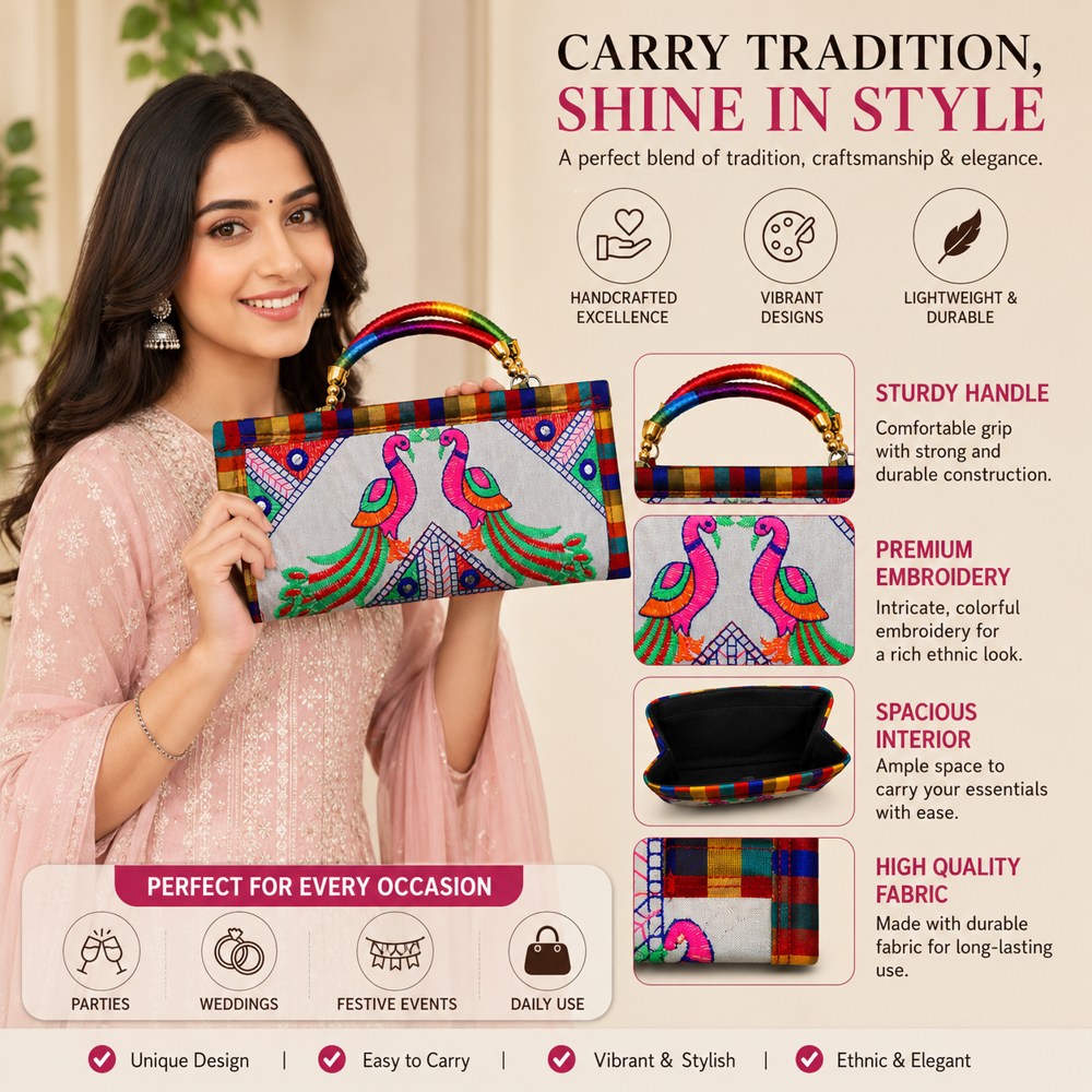 Gujarati Traditional Hand Purse For Ladies - Color: White