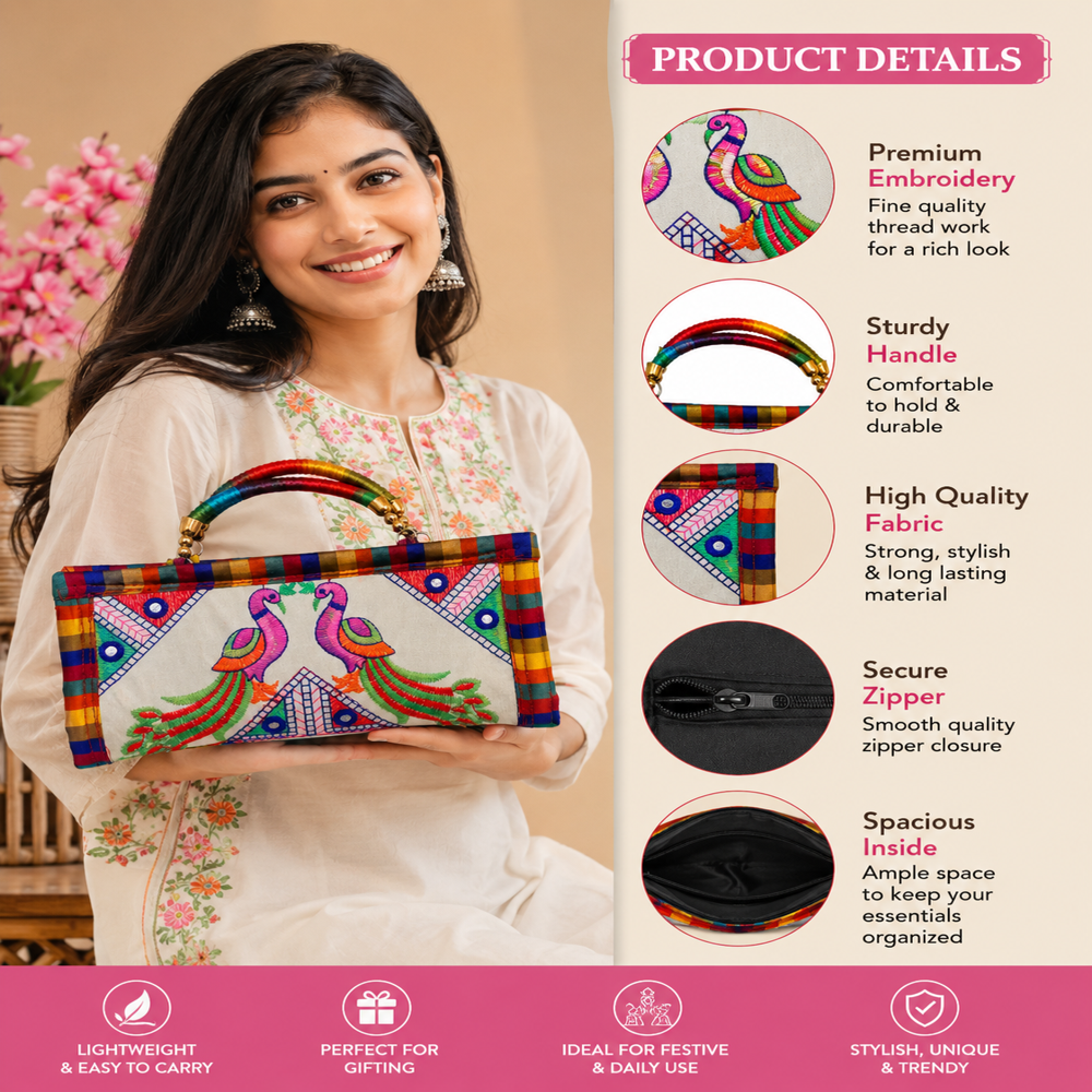 Stylish Kutchi Work Peacock Handbag - Color: White