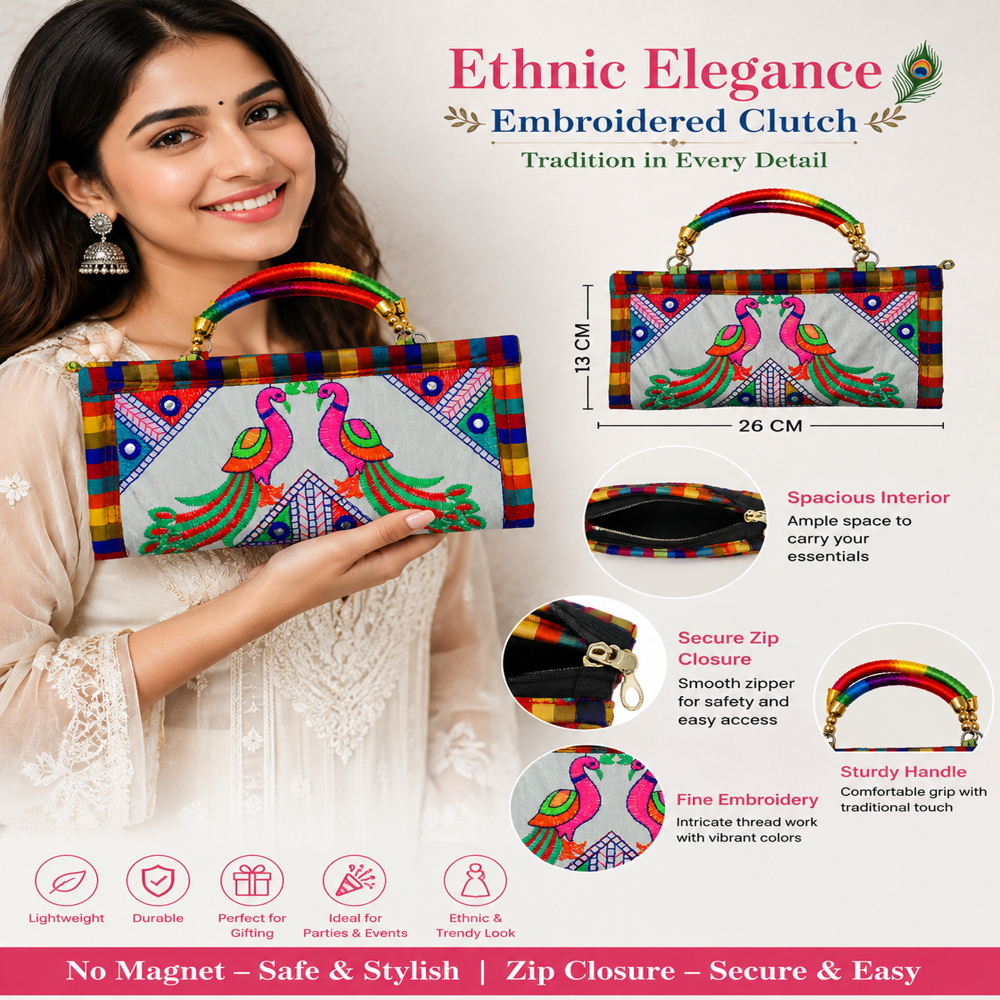 Traditional Multicolor Embroidery Clutch Wallet - Color: White