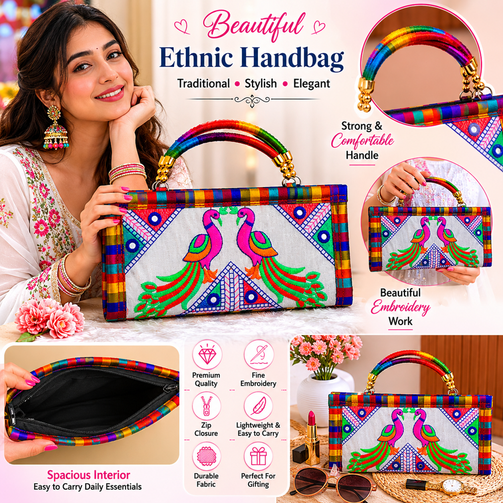 Designer Handcrafted Ethnic Clutch Bag - Color: White