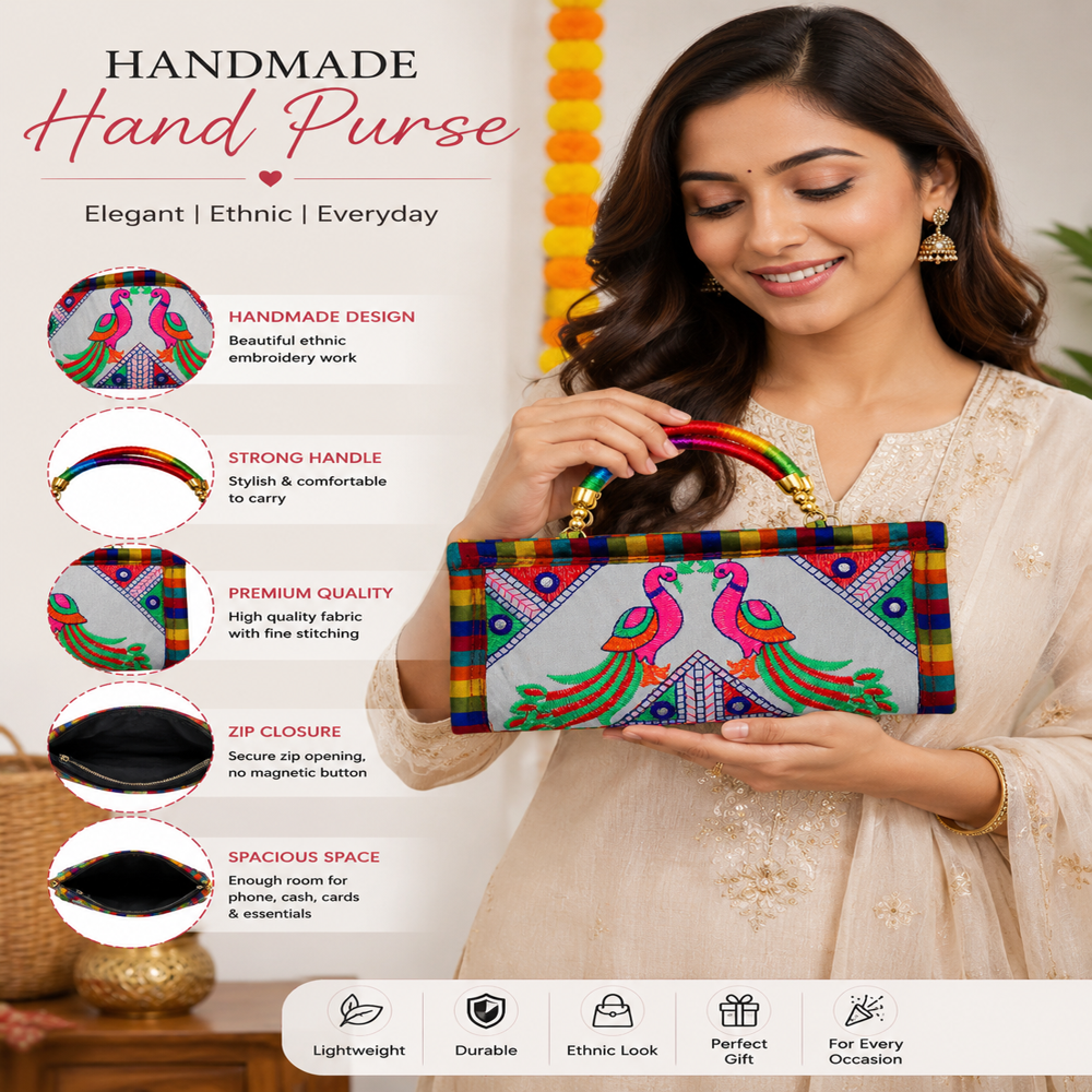 Embroidered Fabric Handbag For Festival Occasion - Color: White