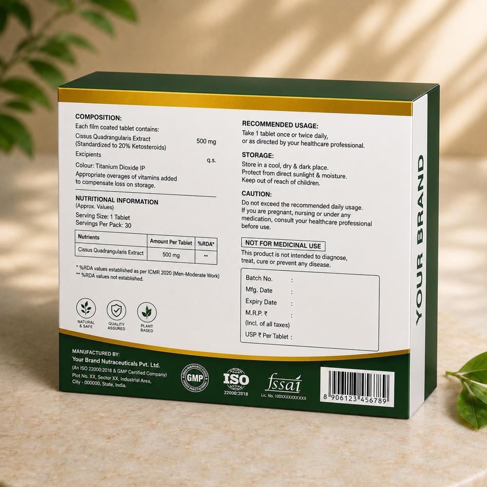 Cissus Quadrangularis Tablets | Bone Strength & Joint Support Herbal Supplement - Brand Name: Oem Private Label