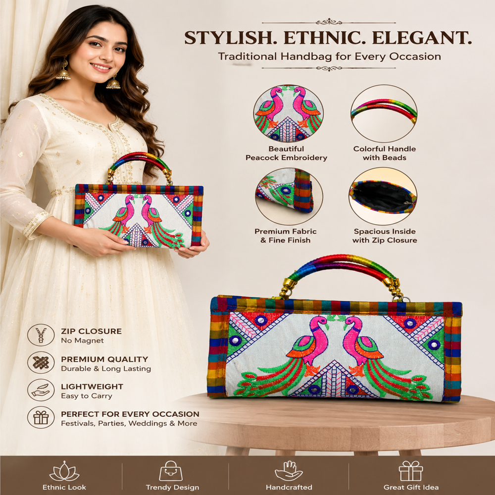 Ethnic Fashion Handbag with Peacock Artwork