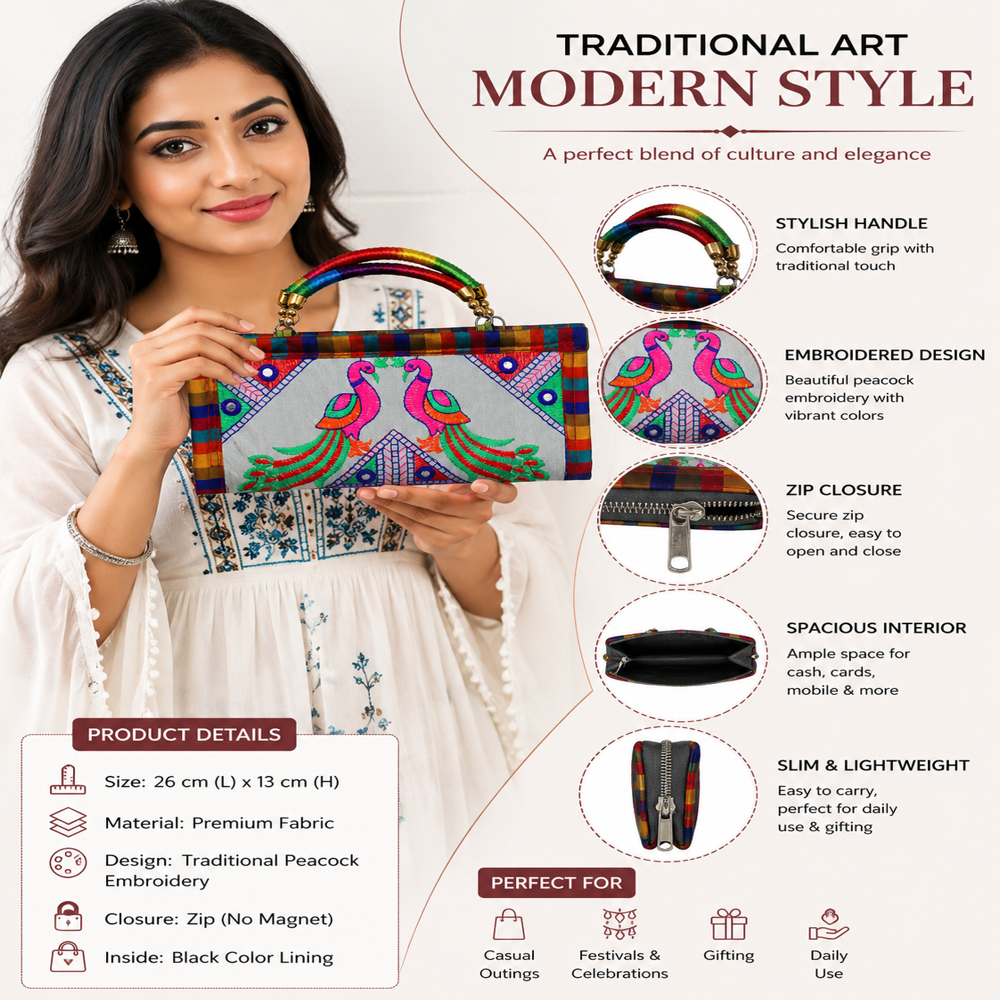 Stylish Ethnic Wallet For Women With Handle - Color: White