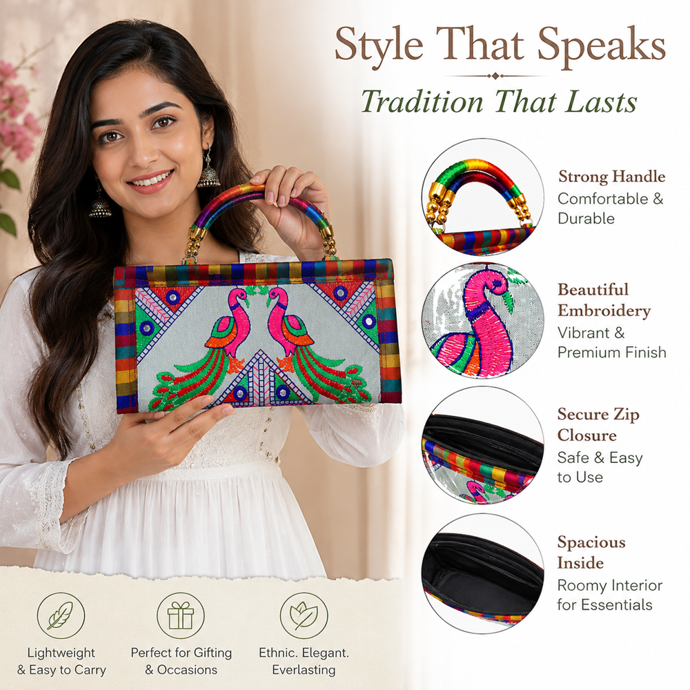 Colorful Embroidery Handbag For Ladies - Color: White