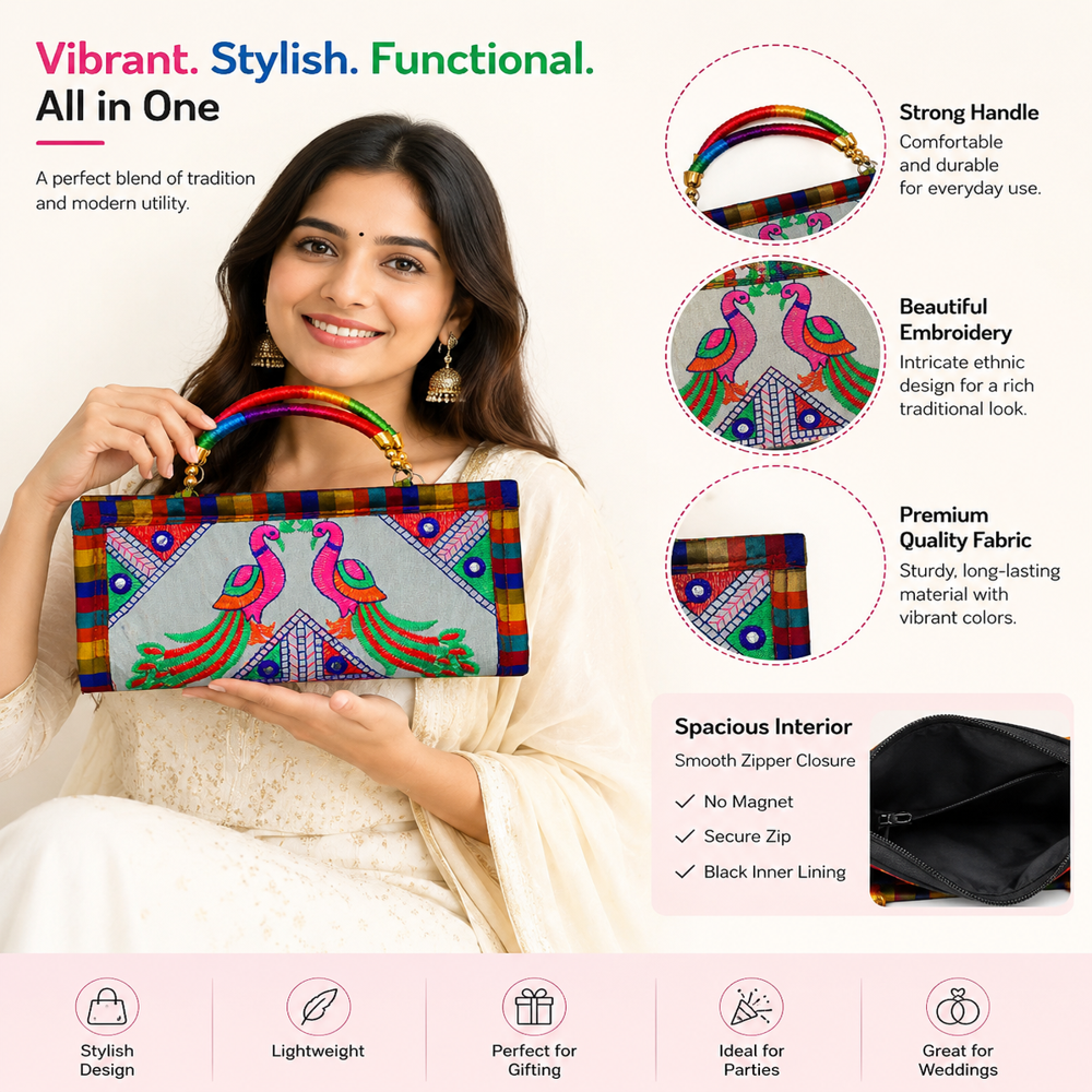 Premium Kutchi Work Wedding Wallet Clutch - Color: White