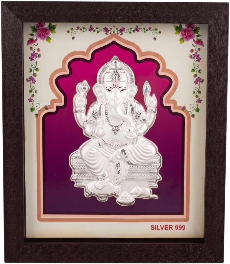 Silver Ganeshji Photo Frame for Home & Office - 999 Silver Embossed, 20x16x2 cm, Matte Wooden Frame, Tarnish Resistant