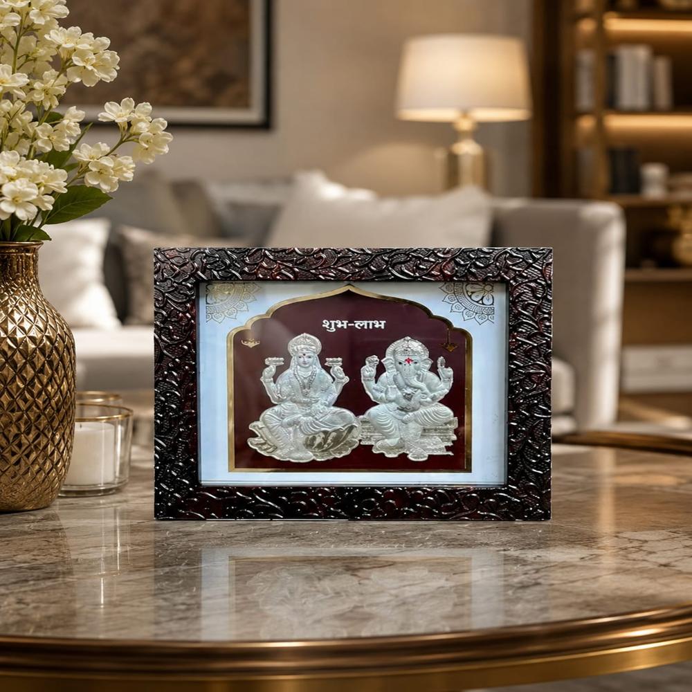 Silver Laxmi Ganesh Photo Frame for Home & Office - Silver Plated Metal, 8x10 Inches, Dark Wood Frame | Embossed Floral Border, Shubh Labh Inscription, Velvet Backing
