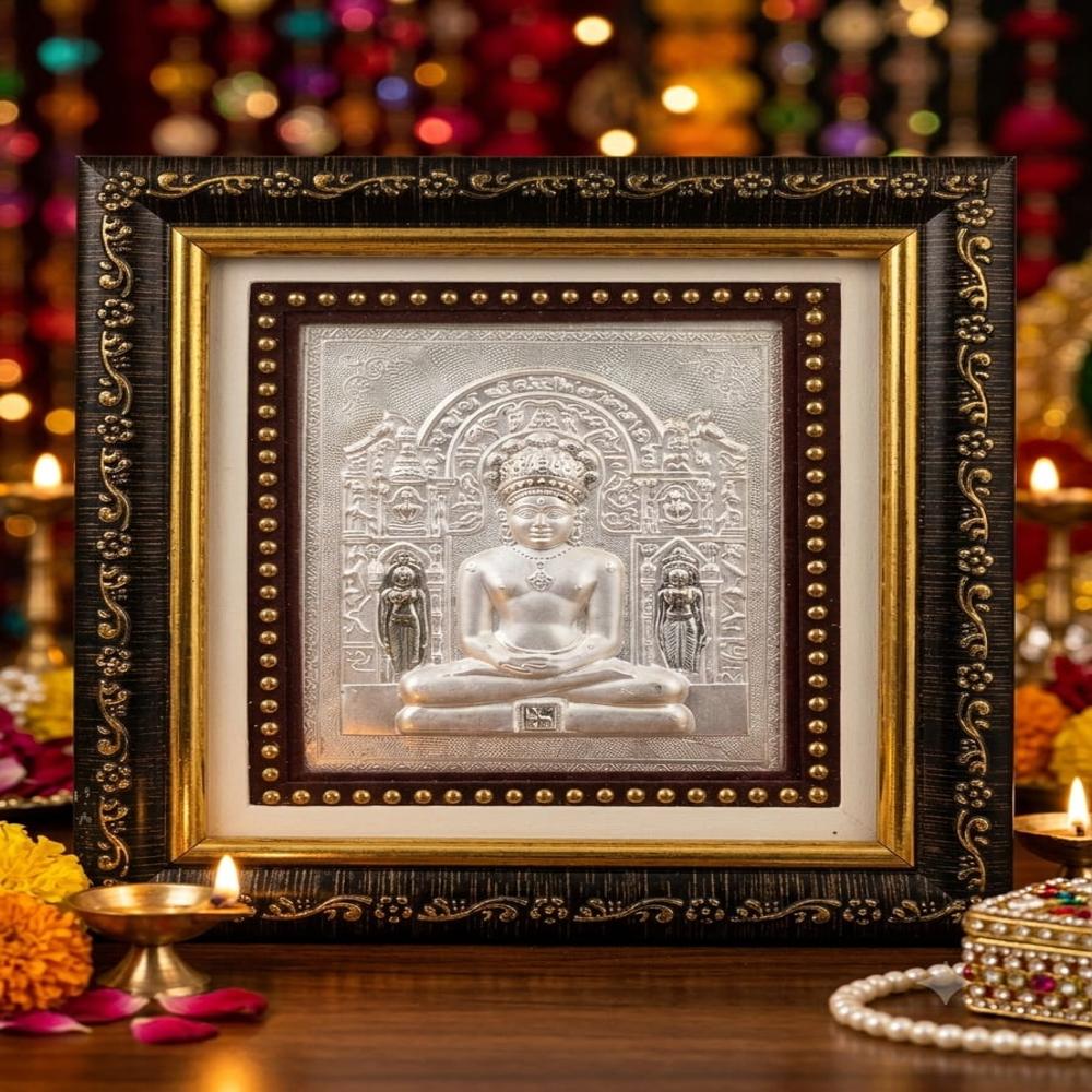 Shree Jain Tirthankar Silver Frame - 92.5% Sterling Silver, 8x8x1 Inches, Multitone Glossy Frame | High-Definition Hand-Polished Relief, Gold-Toned Black Textured Border, Wooden & Glass Frame