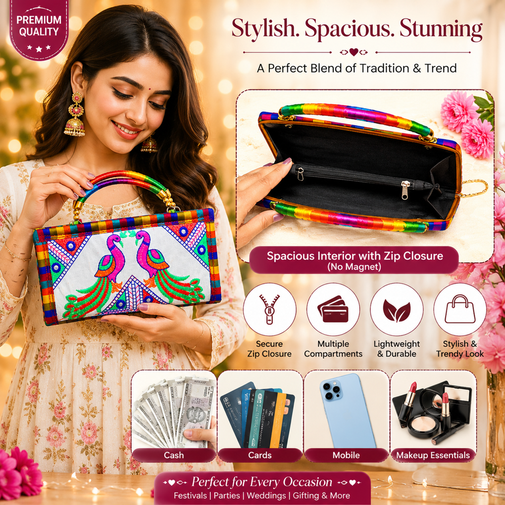 Ethnic Handcrafted Fabric Clutch Bag - Color: White