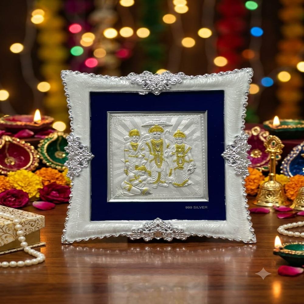 Shri Ram Darbar Pure Silver Pearl Frame - 8x6 Inch, 999 Silver with Blue Velvet, Antique Silver Finish