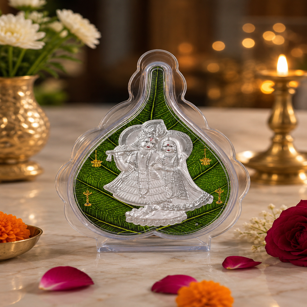 Silver Radhakrishna Green Pan Stand - Silver Plated Alloy, 11x8x2 cm, Clear Acrylic Base | Embossed Divine Motif, Glossy Finish, Dust Resistant Case