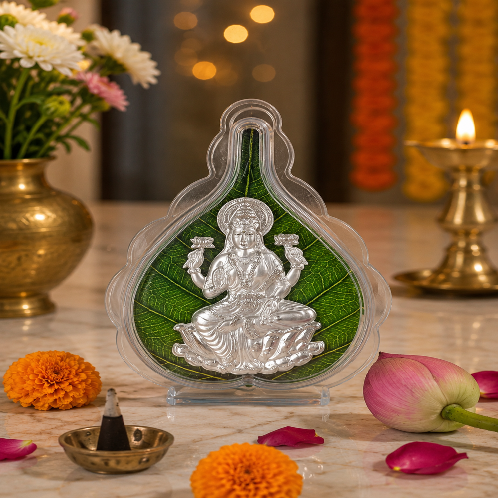 Silver Laxmi Green Pan Stand - Silver-Plated Alloy, 15x9x3.5 cm, Silver-Green | Intricate Silver Laxmi on Natural Leaf, Acrylic Base, Tamper-Proof Box